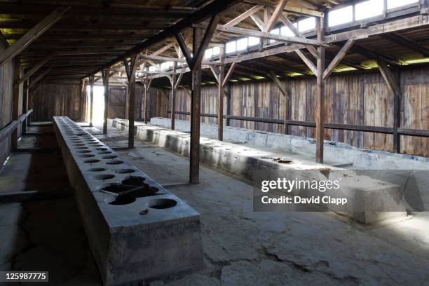 barrack toilet block showing latrines at birkenau, auschwitz concentration camp in poland - nazi concentration camp stock pictures, royalty-free photos & images