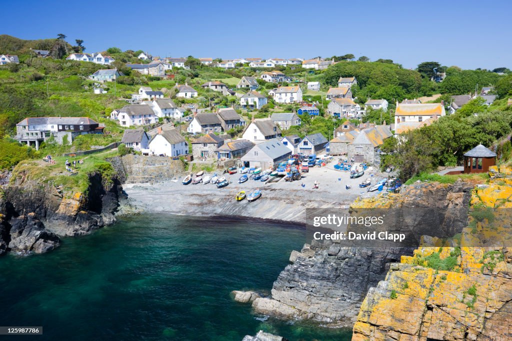 Still and sunny morning at village of Cadgwith, situated between Coverack and The Lizard, Cornwall, England
