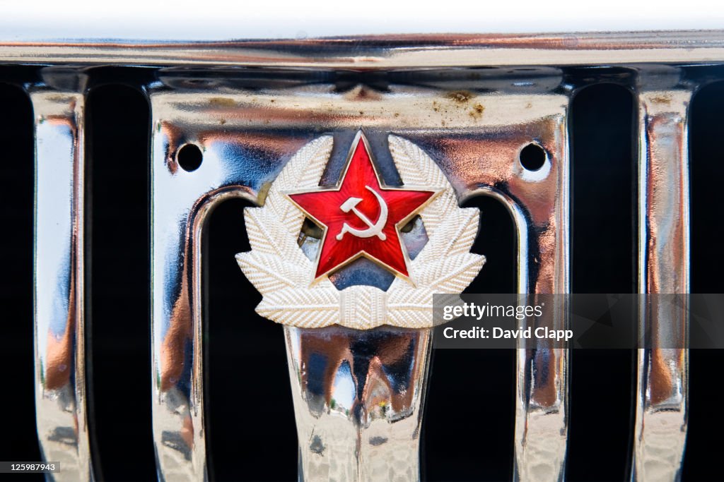 Radiator grill of Volga car, now used for city tours, parked in Kazimierz, Krakow, Poland