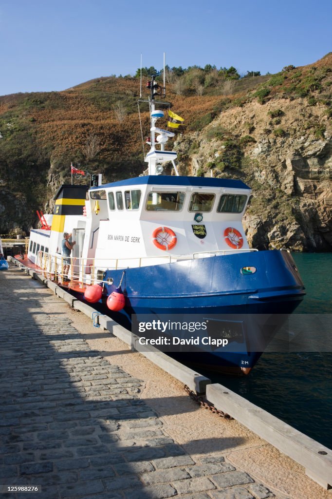 Sark Ferry lands at Creux Harbour, one of only two ports on island of Sark, Channel Islands