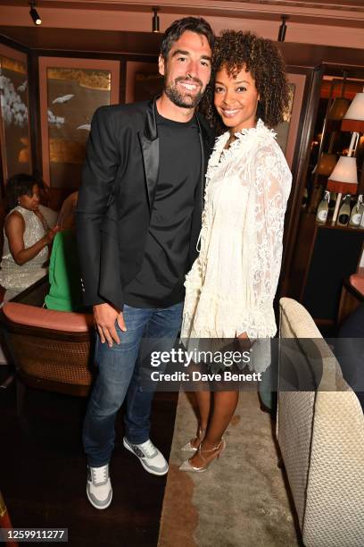 French tennis player Jérémy Chardy and Susan Chardy attend Wimby Wednesday hosted by The Aubrey at Mandarin Oriental Hyde Park on June 28, 2023 in...