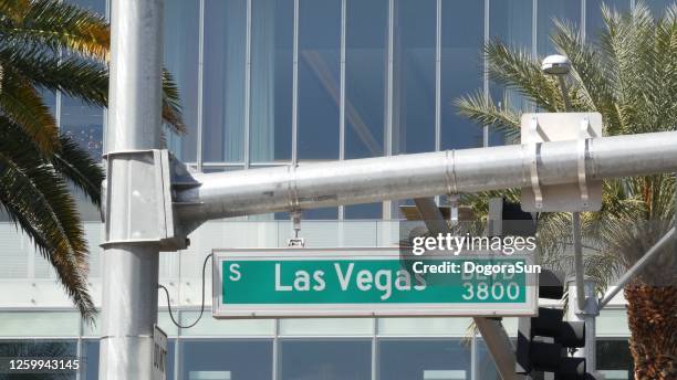 Fabulos Las Vegas, traffic sign on The Strip in sin city of USA. Iconic signboard on the road to Fremont street in Nevada desert. Symbol of casino money playing, betting and hazard in gaming area