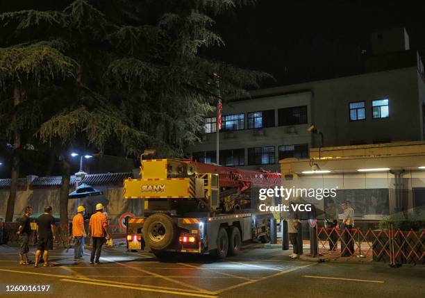 Crane enters the US Consulate General in Chengdu on July 26, 2020 in Chengdu, Sichuan Province of China.