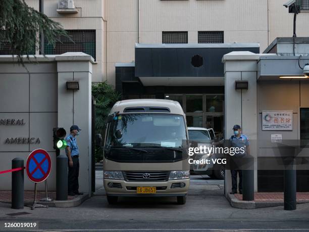 Vehicles drive out from the US Consulate General in Chengdu on July 26, 2020 in Chengdu, Sichuan Province of China.