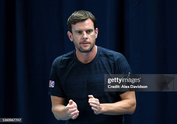 Leon Smith, coach of the British Bulldogs reacts during Day One of the St. James's Place Battle Of The Brits Team Tennis at National Tennis Centre on...