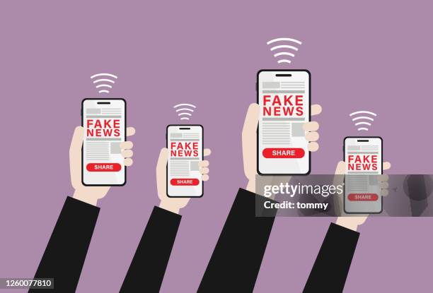 hand holding fake news on a mobile phone - communication problems stock illustrations