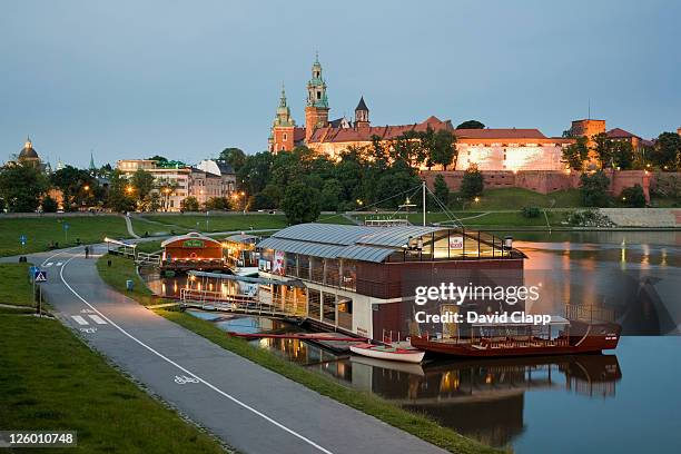 dusk view of the wawel castle and the wawel cathedral towers across the vistula river in krakow, poland, eastern europe - wawel cathedral fotografías e imágenes de stock