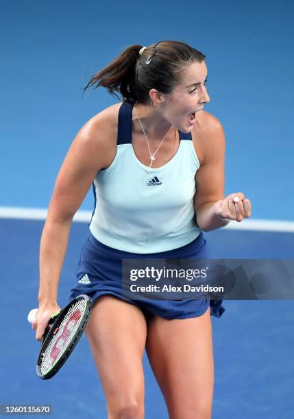 Jodie Burrage of Union Jacks celebrates match point in her match against Johanna Konta of British Bulldogs at National Tennis Centre on July 27, 2020...