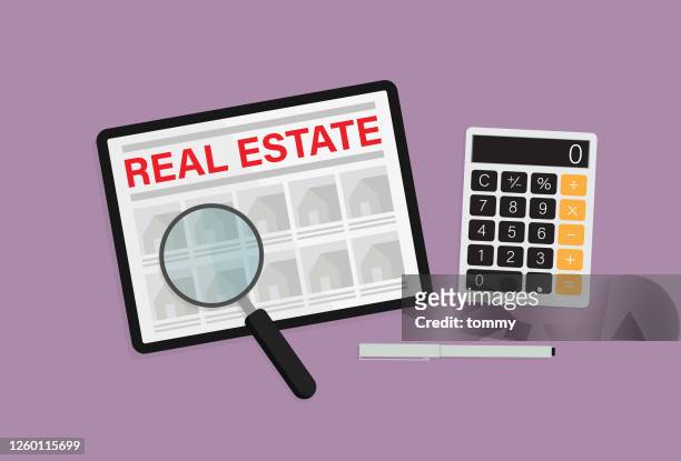 real estate website, pen, magnifying glass, and calculator - commercial real estate stock illustrations