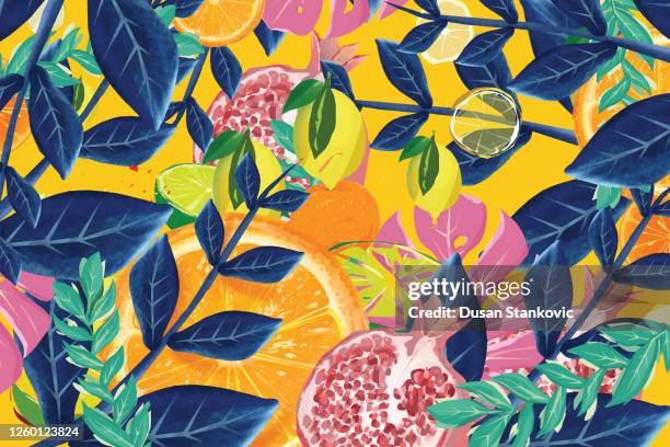 ilustrações de stock, clip art, desenhos animados e ícones de tropical fruit and leaves background - tropical fruit