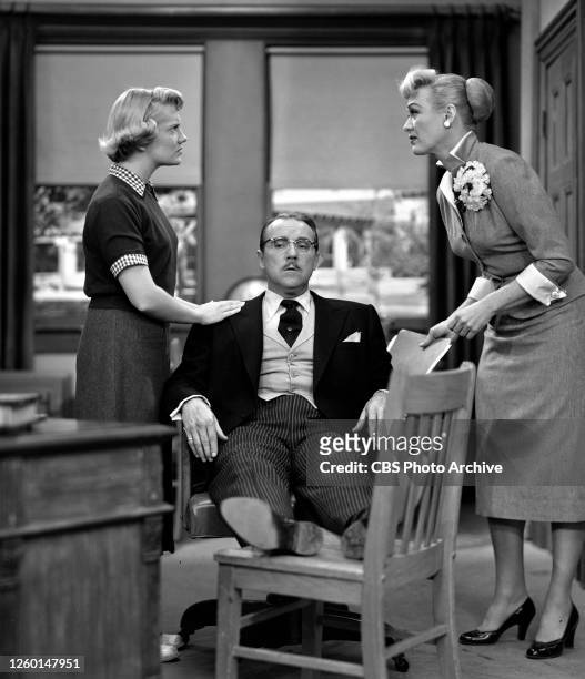 Our Miss Brooks. A CBS television situation comedy. Left to right, Gloria McMillan ; Gale Gordon and Eve Arden . January 1, 1953.