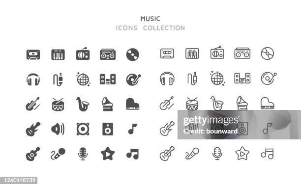 ilustraciones, imágenes clip art, dibujos animados e iconos de stock de iconos de música de flat & outline - saxaphone