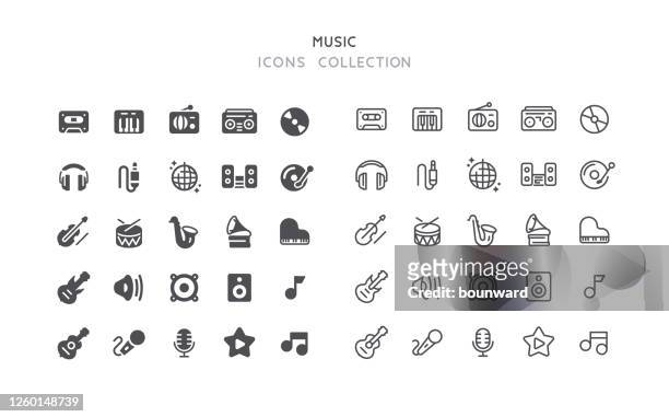 illustrazioni stock, clip art, cartoni animati e icone di tendenza di icone della musica flat & outline - altoparlante hardware audio