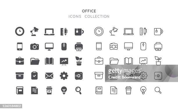 illustrazioni stock, clip art, cartoni animati e icone di tendenza di icone di office flat & outline - ufficio