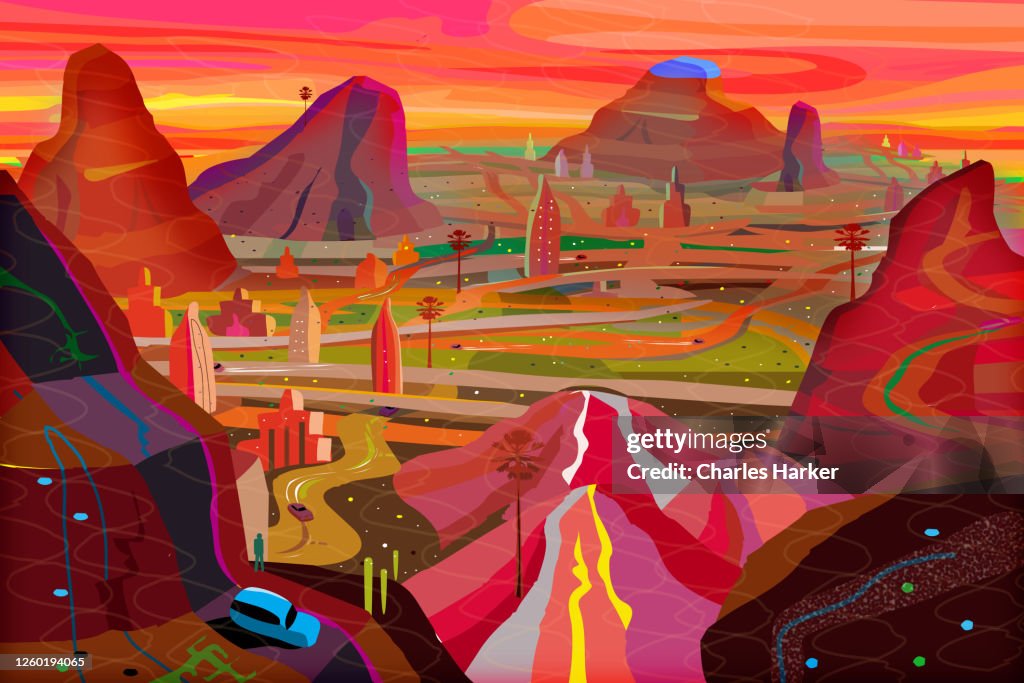 Fantasy dream city in surreal red desert landscape