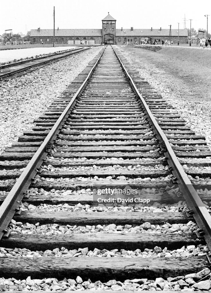 View of Birkenau entrance and railway line that brought prisoners in, Auschwitz, Poland