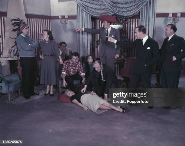 From left, comedian Peter Sellers , Rosemary Miller, writer Denis Norden , television producer Brian Tesler, actress Jill Day , actress Charlotte...