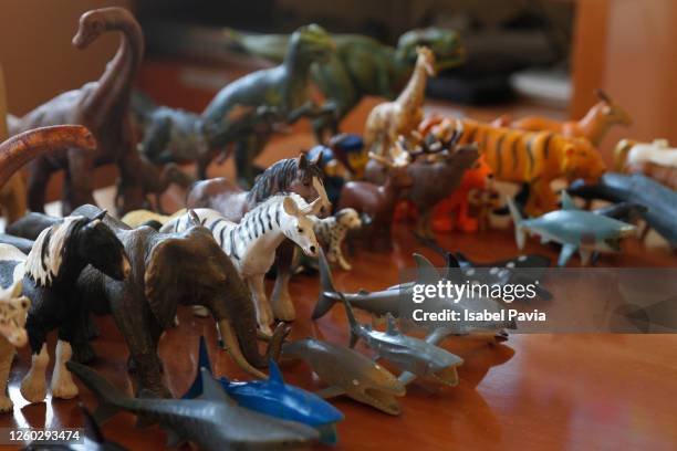 toy animals on wooden table. flat lay - toy animal stock pictures, royalty-free photos & images