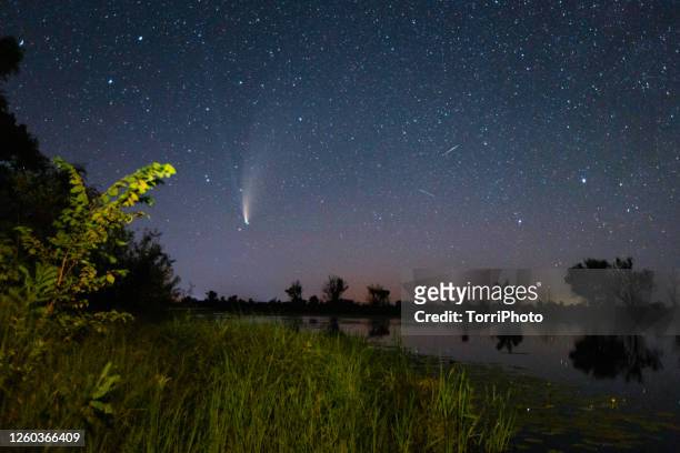 comet neowise c/2020 f3 over the river - orbitar fotografías e imágenes de stock