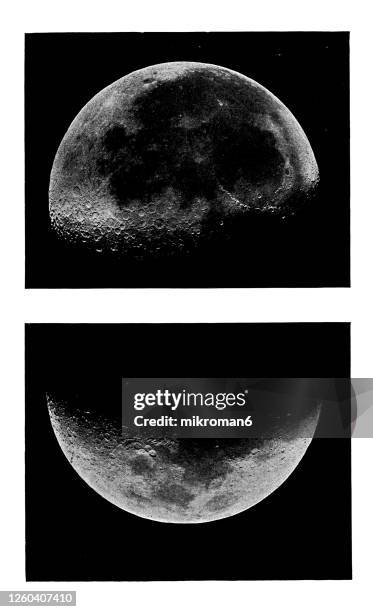 old engraved illustration of astronomy, moon's moon's mountains and craters - astro stadium stock pictures, royalty-free photos & images