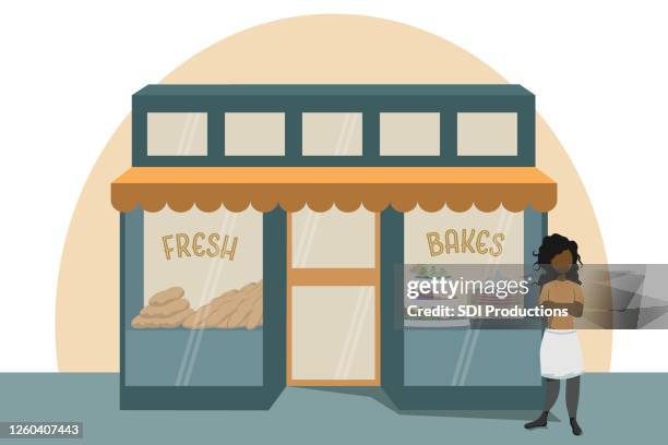 illustrazioni stock, clip art, cartoni animati e icone di tendenza di orgoglioso proprietario di panetteria si trova fuori dalla panetteria - panetteria