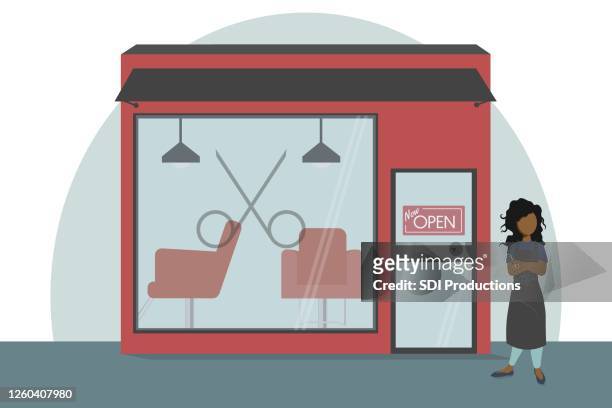 illustration des salonbesitzers außerhalb des salons - friseursalon stock-grafiken, -clipart, -cartoons und -symbole