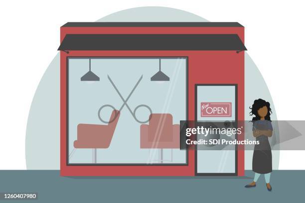 illustration of salon owner outside of salon - beauty salon stock illustrations