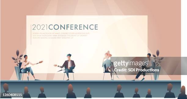 ilustraciones, imágenes clip art, dibujos animados e iconos de stock de ilustración de la discusión del panel - conferencia