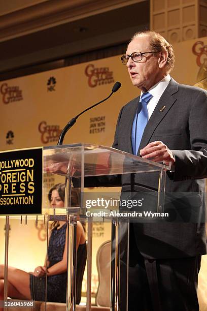 Hollywood Foreign Press Association president Philip Berk speaks onstage during the 68th Annual Golden Globe Awards nomination announcement held at...