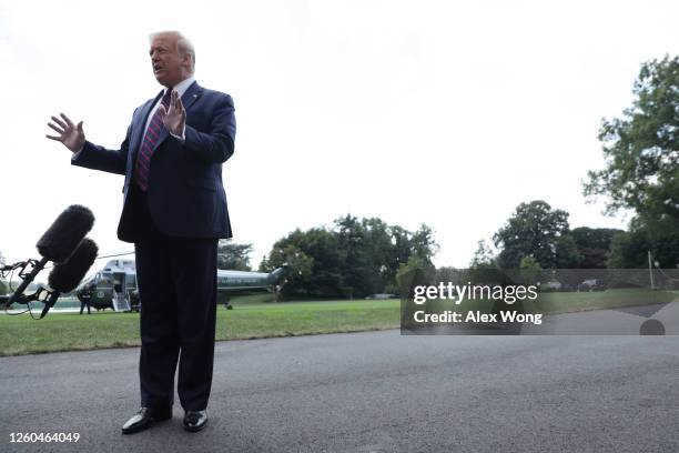 President Donald Trump speaks to members of the press prior to his departure from the White House July 27, 2020 in Washington, DC. President Trump is...