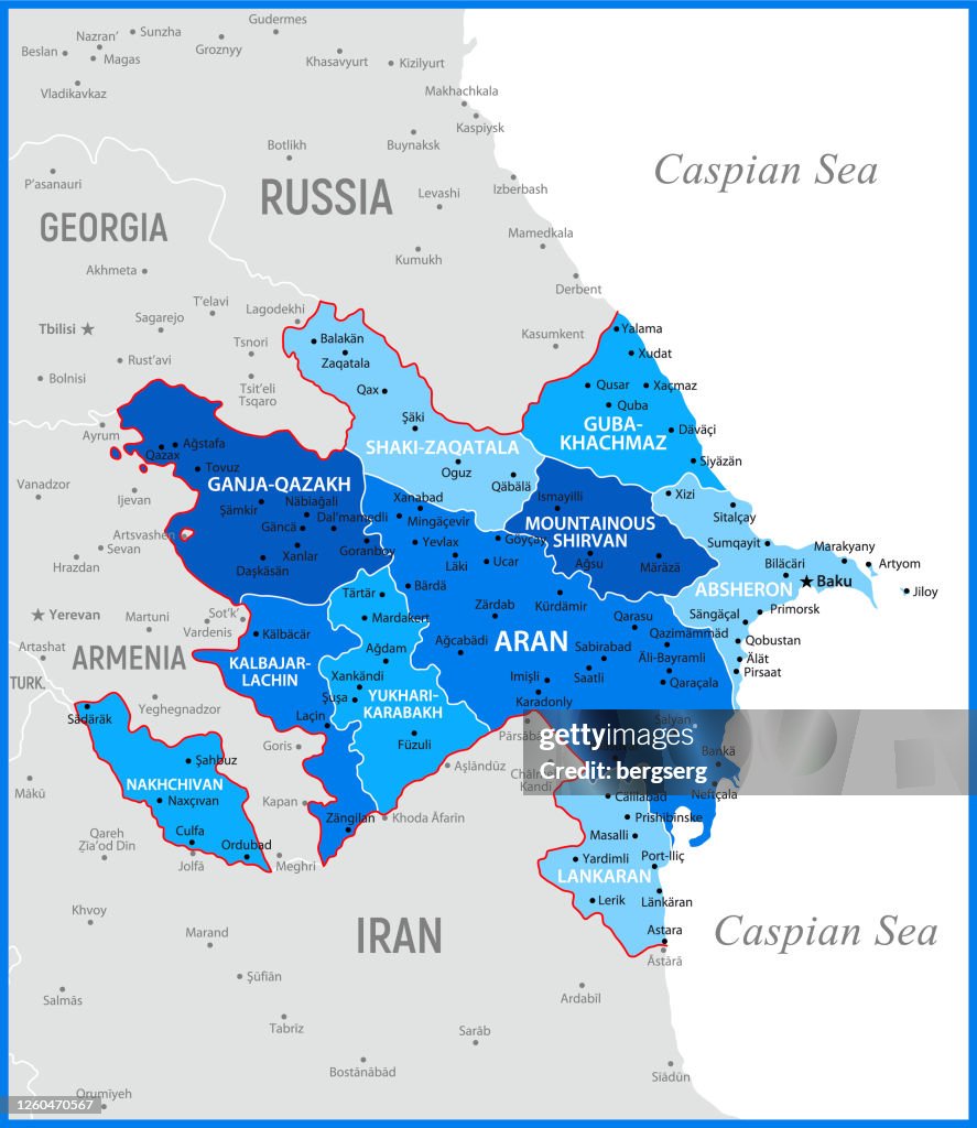 Azerbaijan Map. Vector Blue Illustration with Regions, Geographical Borders and Caspian Sea
