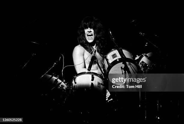 Drummer Freddy Steady of Swiss band Krokus performs at The Fabulous Fox Theater on July 26, 1982 in Atlanta, Georgia.