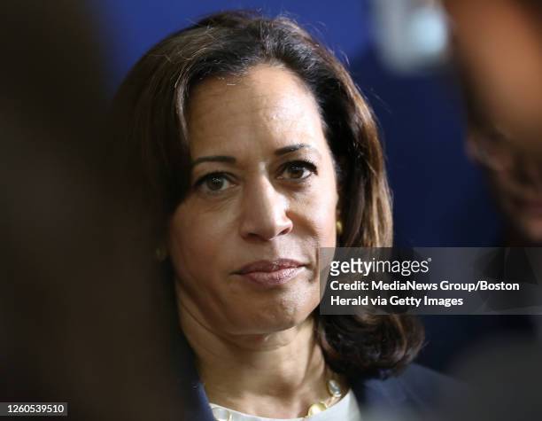 Democratic candidate for President, Kamala Harris, speaks to the media after an event on July 14, 2019 in Somersworth, NH.