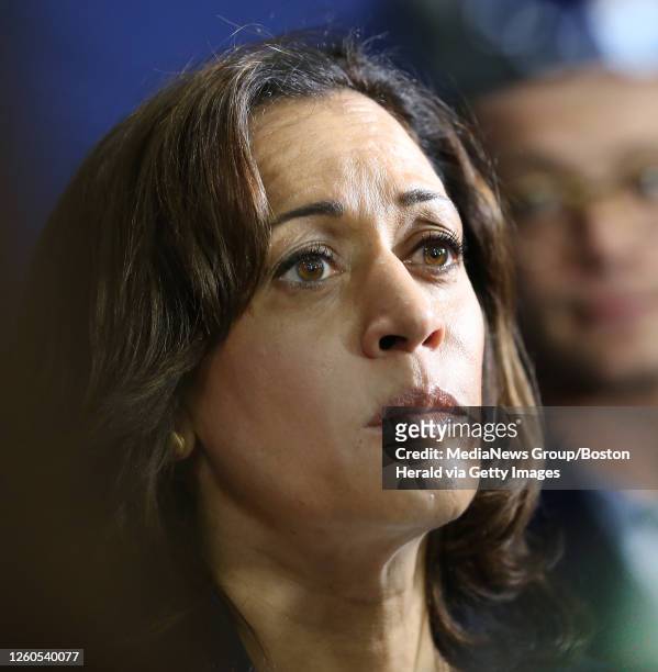Democratic candidate for President, Kamala Harris, speaks to the media after an event on July 14, 2019 in Somersworth, NH.