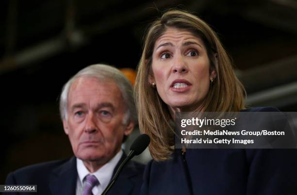 Sen. Edward Markey listens as U.S. Rep. Lori Trahan speaks during a news conference announcing new federal pipeline legislation named after Leonel...