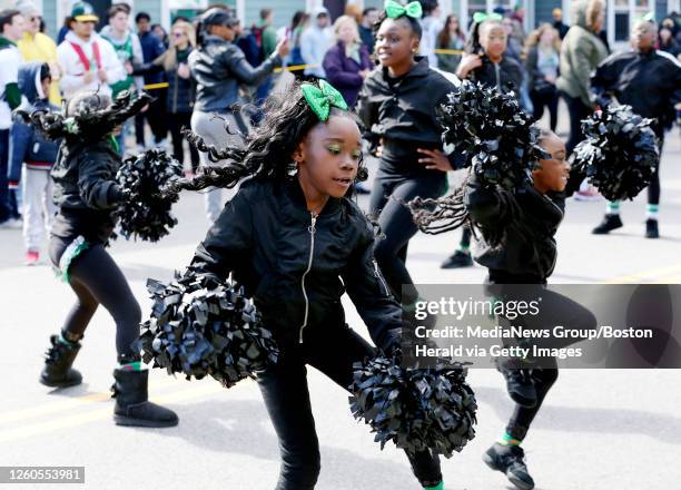 Members of the Open Plains Dance Studio of East Hartford, Connecticut, perform during the St. Patrick's Day Parade on March 17, 2019 in South Boston,...