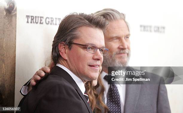 Actors Matt Damon and Jeff Bridges attend the premiere of "True Grit" at the Ziegfeld Theatre on December 14, 2010 in New York City.