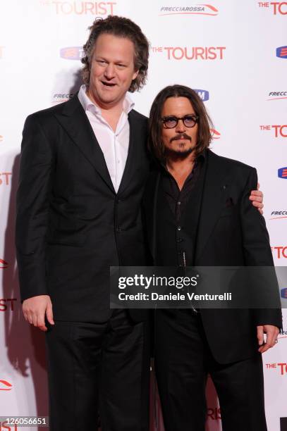 Director Florian Henckel von Donnersmarck and actor Johnny Depp attend the 'The Tourist' premiere on December 15, 2010 in Rome, Italy.