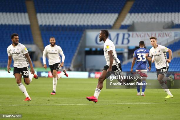 Josh Onomah of Fulham runs off to celebrate after scoring his teams first goal during the Sky Bet Championship Play Off Semi-final 1st Leg match...