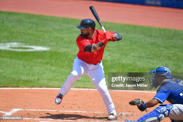 Sandy Leon of the Cleveland Indians at bat during the second inning against the Kansas City Royals at Progressive Field on July 26, 2020 in...