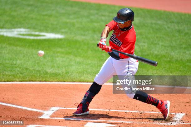 Francisco Lindor of the Cleveland Indians at bat during the first inning against the Kansas City Royals at Progressive Field on July 26, 2020 in...