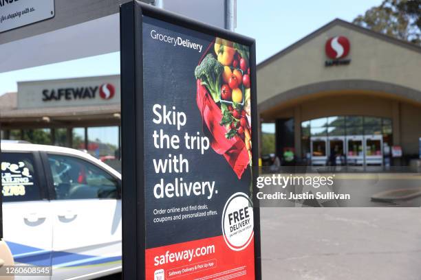 Sign is posted in front of a Safeway store on July 27, 2020 in San Anselmo, California. Albertsons, parent company of Safeway and one of the largest...