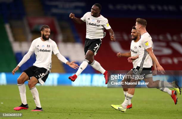 Neeskens Kebano of Fulham celebrates scoring his sides second goal during the Sky Bet Championship Play Off Semi-final 1st Leg match between Cardiff...