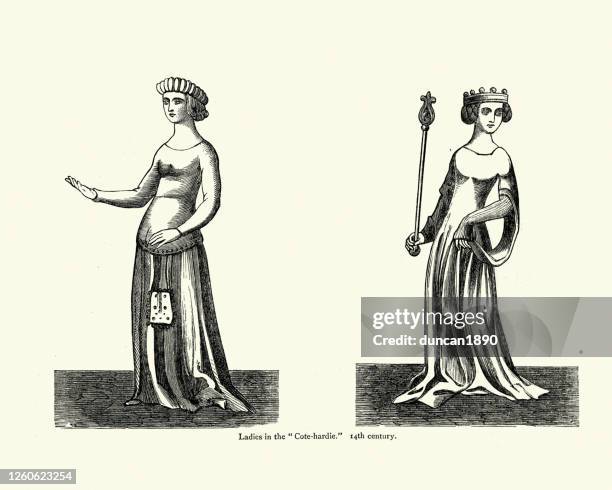 mittelalterliche mode, damen tragen cotehardie, (kirtle) 14. jahrhundert - mittelalterlich stock-grafiken, -clipart, -cartoons und -symbole
