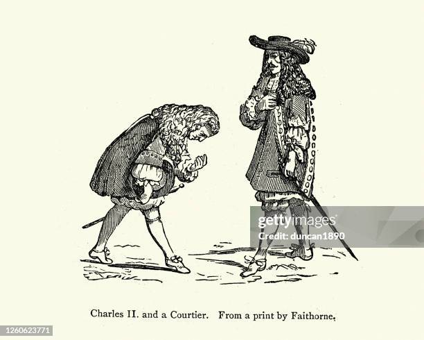 king charles ii of england and a courtier - courtier stock illustrations