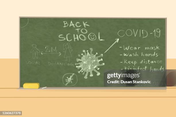 back to school after coronavirus. guidelines for pupils on the blackboard - computer virus drawing stock illustrations