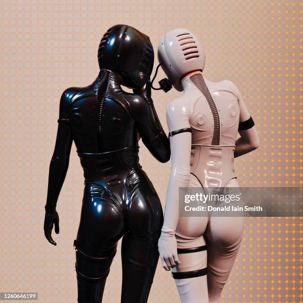 futuristic woman in protective latex suit with gas mask - látex fotografías e imágenes de stock