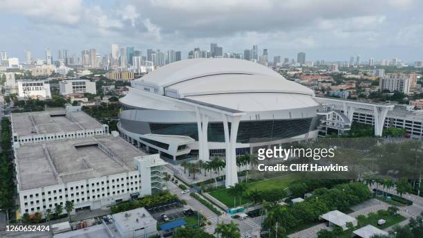 An aerial drone view of Marlins Park on July 27, 2020 in Miami, Florida. The Miami Marlins' home opener against the Baltimore Orioles was postponed...