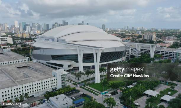 An aerial drone view of Marlins Park on July 27, 2020 in Miami, Florida. The Miami Marlins' home opener against the Baltimore Orioles was postponed...