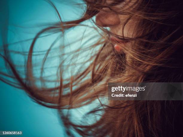 cabello soplando en el viento - despeinado fotografías e imágenes de stock